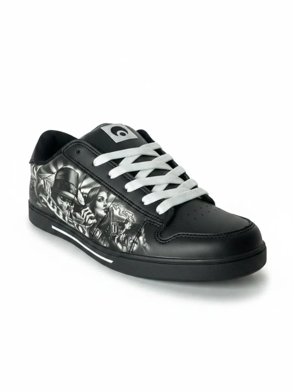 Osiris Serve Abel Y2K Skate Sneaker Tattoo Skull Pistol Black White US 9 EU 42